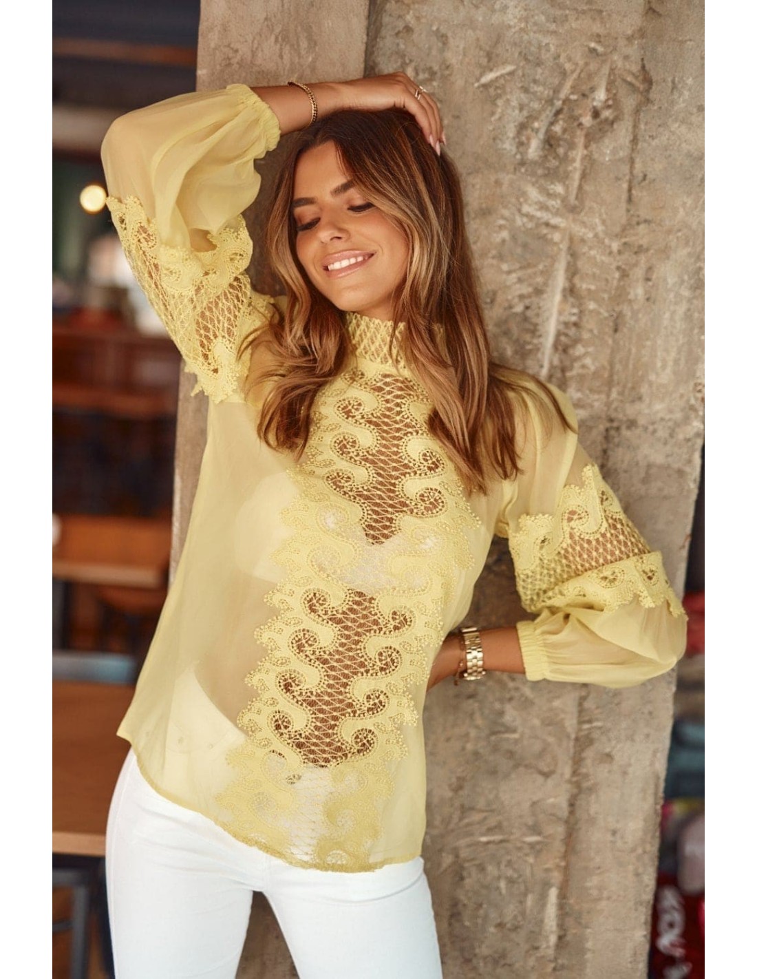 Women\'s chiffon blouse with lace, yellow 9131 - Online store - Boutique